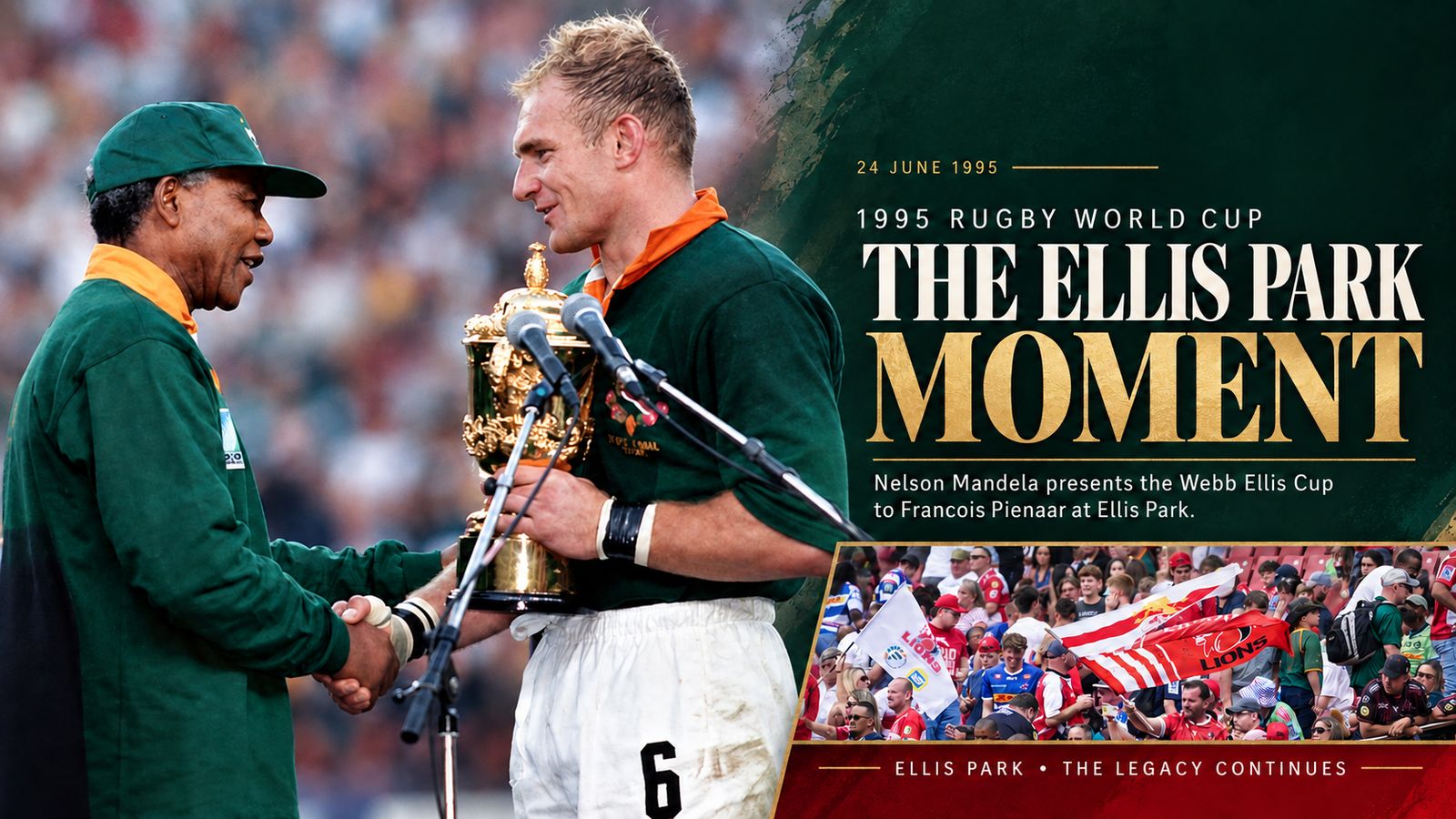 24 June 1995: Nelson Mandela presents the Webb Ellis Cup to Francois Pienaar at Ellis Park.